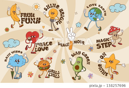 Retro y2k groovy stickers with cartoon heart, avocado, burger, mushroom and earth planet characters spread positive messages like peace love, stay green and grill chill. Vector psychedelic patches set 138257696