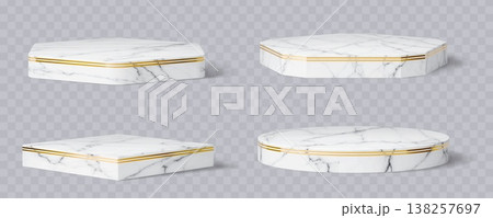 3d marble stone podium stage pedestals with golden frames, luxury cosmetics stand. Realistic 3d vector geometric museum, gallery or exhibit displays for award ceremony or beauty product presentation 138257697