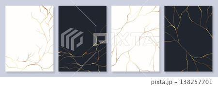 Japanese gold kintsugi cracks texture background with abstract golden lines inspired by broken ceramic repair philosophy of wabi sabi. Vector minimal zen aesthetic with contrast of white black pattern 138257701