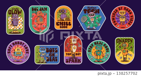 Groovy robot stickers, droid characters patches set. Cartoon vector hippie retro vintage robots with tools, mechanical parts and y2k nostalgic slogans. Code glow, bot jam, chill code and retro tech 138257702