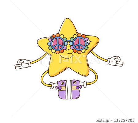 Cartoon groovy star character. Funky smiling star sits in a peaceful lotus pose, wearing vibrant purple sneakers and flower shaped sunglasses. Retro vector personage for quirky meditation app mascot 138257703