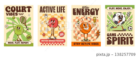 Sports y2k groovy hippie posters with happy characters. Vector retro mascots of tennis racket, ping pong paddle, basketball or soccer balls. Slogans win energy, game spirit, active life, court vibes Sports y2k groovy hippie posters with happy characters. Vector retro mascots of tennis racket, ping pong paddle, basketball or soccer balls. Slogans win energy, game spirit, active life, court vibes 138257709