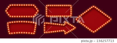 Retro lightboxes or light bulb marquee frames of Broadway billboard and circus board, vector signage. Retro lightbox with arrow for casino or cabaret and cinema movie theater banner with lamps frame Retro lightboxes or light bulb marquee frames of Broadway billboard and circus board, vector signage. Retro lightbox with arrow for casino or cabaret and cinema movie theater banner with lamps frame 138257713