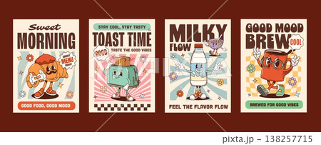 Funky groovy hippie breakfast food characters posters. Vector playful croissant, toaster, milk bottle, and coffee cup. Groovy psychedelic mascots for dinner walls, kitchen decor, nostalgic merchandise Funky groovy hippie breakfast food characters posters. Vector playful croissant, toaster, milk bottle, and coffee cup. Groovy psychedelic mascots for dinner walls, kitchen decor, nostalgic merchandise 138257715