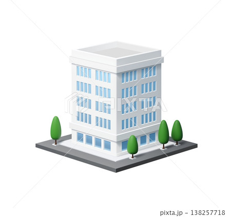 3d office real estate icon, bank or company building. Modern vector white commercial architecture, corporate urban and city business center property with multiple floors, windows, entrance and trees 138257718