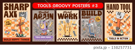 DIY construction and repair tools y2k groovy funky posters. Funky axe, happy tape measure, pliers, screw, pencil, nut, handsaw and spatula in retro sneakers. Groovy vector posters 138257731