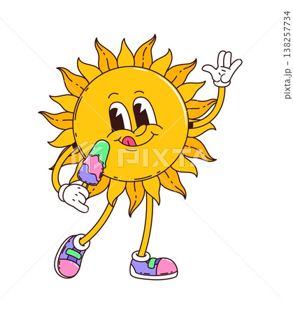 Funny groovy sun character holding melting popsicle. Cartoon vector hippie sunny personage with bright rays, cheerful face, vintage sneakers and playful pose creating a cute retro y2k warm summer vibe Funny groovy sun character holding melting popsicle. Cartoon vector hippie sunny personage with bright rays, cheerful face, vintage sneakers and playful pose creating a cute retro y2k warm summer vibe 138257734
