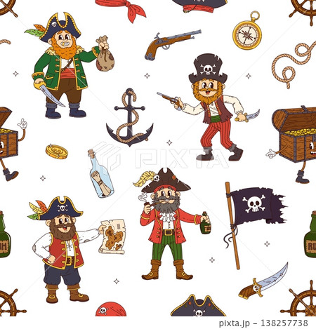 Cartoon groovy pirate and corsair characters seamless pattern with cheerful pirate characters holding swords, maps, bottles and treasure chest. Vector tile background with funny y2k swashbucklers Cartoon groovy pirate and corsair characters seamless pattern with cheerful pirate characters holding swords, maps, bottles and treasure chest. Vector tile background with funny y2k swashbucklers 138257738