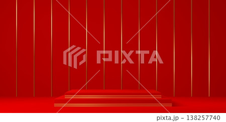 3d red square podium stage, pedestal stand with golden lines for cosmetics product presentation. Vector realistic product display stage or scene with empty geometric red podium stand or platform 138257740