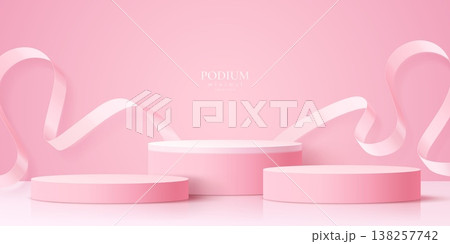 Cosmetic product pink ribbons and podium stand pedestals vector background. 3d studio round platform, show room podium or showcase stand with ribbon swirls. Pastel pink product display stage backdrop Cosmetic product pink ribbons and podium stand pedestals vector background. 3d studio round platform, show room podium or showcase stand with ribbon swirls. Pastel pink product display stage backdrop 138257742