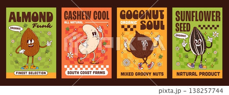 Nuts, bean and seed groovy hippie characters posters with cartoon almond, cashew, coconut and sunflower. Vector groovy hippie nut and seed retro personages promoting natural and organic product mood 138257744