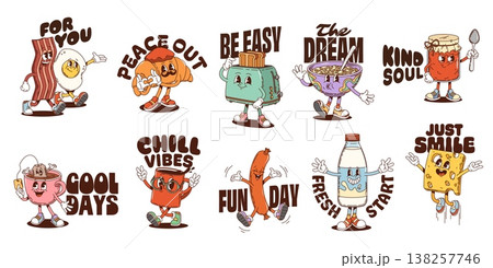 Breakfast funky y2k groovy hippie characters stickers with vector slogans and phrases. For you, peace out, be easy, the dream and kind soul. Cool days, chill vibes, fun day, fresh start and just smile Breakfast funky y2k groovy hippie characters stickers with vector slogans and phrases. For you, peace out, be easy, the dream and kind soul. Cool days, chill vibes, fun day, fresh start and just smile 138257746