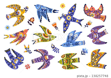 Ethnic Scandinavian birds, folk hand drawn animal characters of Nordic tribal culture. Vector birds with traditional Scandinavian floral and folk patterns. Decorative characters for spring cards 138257748