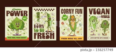 Funky groovy hippie green vegetables characters posters. Vibrant green peas, corn, Chinese, Romanesco cabbage, kale and artichoke with playful expressions. Retro vector posters of kitchen decor Funky groovy hippie green vegetables characters posters. Vibrant green peas, corn, Chinese, Romanesco cabbage, kale and artichoke with playful expressions. Retro vector posters of kitchen decor 138257749