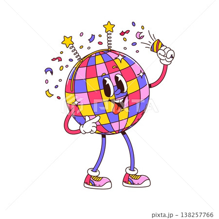 Cartoon groovy disco ball character dancing and celebrating with confetti and party popper. Vector isolated retro funky mirror sphere mascot with expressive face creating joyful music dance y2k vibes Cartoon groovy disco ball character dancing and celebrating with confetti and party popper. Vector isolated retro funky mirror sphere mascot with expressive face creating joyful music dance y2k vibes 138257766