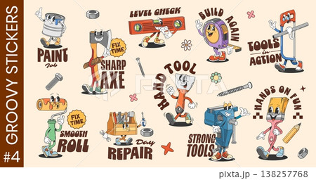 Y2k groovy repair and construction tools funky stickers and labels. Cartoon vector retro characters. Paint roller, axe, hammer and saw. Screwdriver, toolbox, level and measure tape and clamp or brush Y2k groovy repair and construction tools funky stickers and labels. Cartoon vector retro characters. Paint roller, axe, hammer and saw. Screwdriver, toolbox, level and measure tape and clamp or brush 138257768