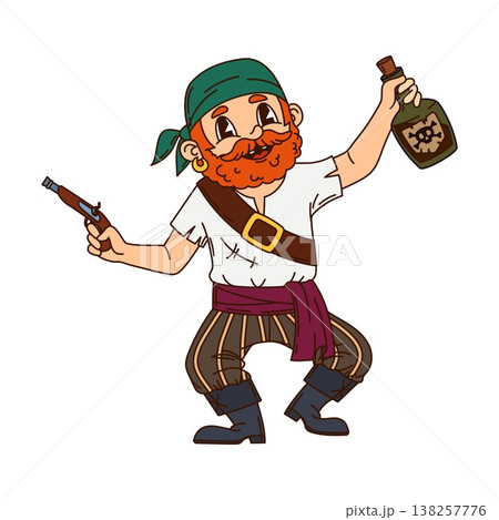 Corsair pirate crew drunk and dancing bandit cartoon character. Cute sailor character, corsair bandit isolated vector mascot. Boatswain or skipper personage with pistol and bottle of rum or poison 138257776
