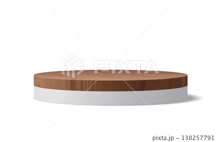 Realistic 3d round wooden podium with white base for cosmetic product presentation. Vector stage or studio display for branding showcase and promotion mockup. Pedestal template for natural cosmetics 138257791
