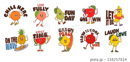 Funny tropical fruits y2k groovy stickers. Vector set of cartoon orange, peach, pear and apple, banana, pineapple or watermelon, lemon, pomegranate and lime, fruit characters with positive phrases 138257814