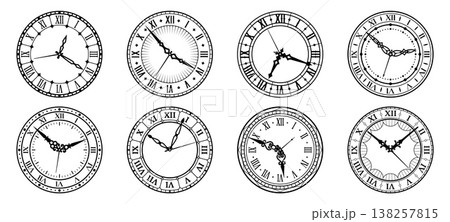 Vintage clock faces with round dials, roman numbers and retro ornate hands. vector watch dials signs set. Watchfaces with black antique ornaments. Classic hour time symbols, isolated monochrome clocks Vintage clock faces with round dials, roman numbers and retro ornate hands. vector watch dials signs set. Watchfaces with black antique ornaments. Classic hour time symbols, isolated monochrome clocks 138257815