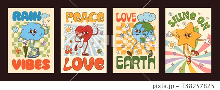 Cartoon retro groovy character posters, cute hippie peace, love and good vibe vector personages. Happy y2k Earth planet, heart, sun and cloud character posters on groovy psychedelic pattern background 138257825