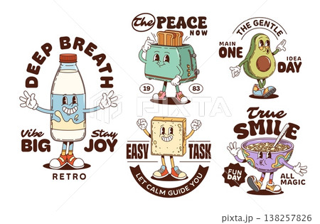 Breakfast funky groovy characters stickers and t shirt prints, morning food vector mascots. Cartoon funky milk bottle, toast bread and avocado characters. Retro groovy cereal bowl and toaster stickers Breakfast funky groovy characters stickers and t shirt prints, morning food vector mascots. Cartoon funky milk bottle, toast bread and avocado characters. Retro groovy cereal bowl and toaster stickers 138257826