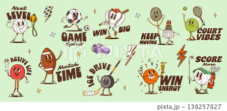 Sports y2k groovy stickers and funky labels. Vector badge or patch set with retro slogans and mascot of ball, racket, shuttlecock, whistle and trophy medal. Tennis football baseball basketball or golf Sports y2k groovy stickers and funky labels. Vector badge or patch set with retro slogans and mascot of ball, racket, shuttlecock, whistle and trophy medal. Tennis football baseball basketball or golf 138257827