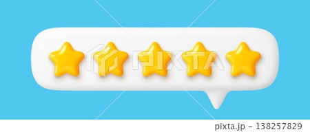 3d five star rate customer review feedback icon. Vector five gold stars in realistic speech bubble for customer satisfaction evaluation, quality rating, good service review rank and best product rate 138257829