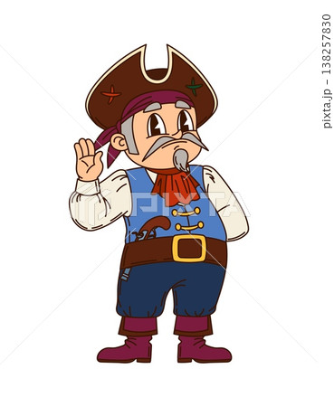 Pirate crew old sailor cartoon character. Cheerful corsair mascot, pirate boatswain isolated vector character. Sailor bandit personage with grey hair, wearing tricorn hat and rising hang in greeting 138257830