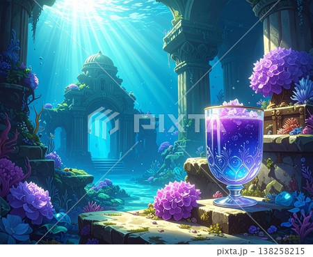太陽が差し込む水中神殿に置かれた幻想的なカクテル 138258215