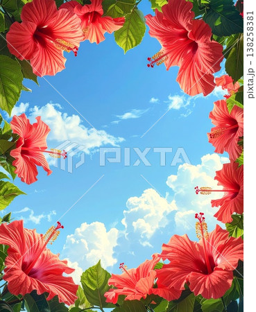 青空ハイビスカスフレーム背景素材 138258381
