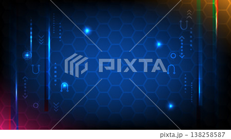 Digital cyberspace background with glowing hexagons, light rays and futuristic UI interface elements Digital cyberspace background with glowing hexagons, light rays and futuristic UI interface elements 138258587