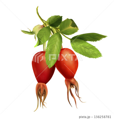 A vibrant watercolor illustration of a rosehip branch with berries. On an isolated background. Suitable for printing on wrapping paper, tableware, and packaging for tea and cosmetics. 138258781