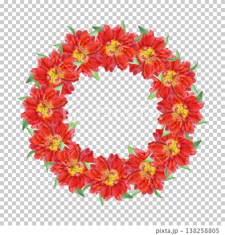 Watercolor floral wreath of red double tulips with yellow center and leaves on a white background. Spring flowers. Good for invitations, greeting cards, spring decor and wedding design Watercolor floral wreath of red double tulips with yellow center and leaves on a white background. Spring flowers. Good for invitations, greeting cards, spring decor and wedding design 138258805