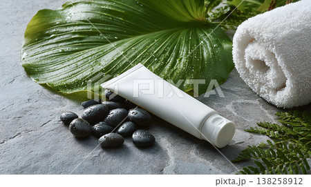 Spa cosmetic tube stone towel nature relaxation freshness calm moisture leaf 138258912