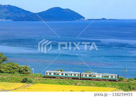 真っ青な小浜湾を背景に収穫前の田んぼに沿って走る小浜線を小浜市営球場のスタンドから撮る 真っ青な小浜湾を背景に収穫前の田んぼに沿って走る小浜線を小浜市営球場のスタンドから撮る 138259455