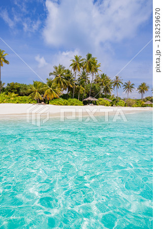Crystal-clear tropical beach, palm trees, sandy shore, calm ocean waves, radiant summer holiday Crystal-clear tropical beach, palm trees, sandy shore, calm ocean waves, radiant summer holiday 138259670