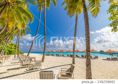 Idyllic Maldives tropical beach bar with chairs and palm trees, turquoise ocean, relaxing resort outdoor vacation scene 138259682