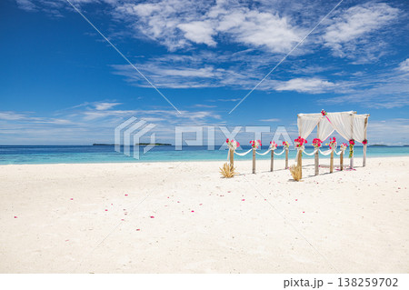 Panoramic beach wedding background, radiant floral arch with ocean view, dreamy romantic couple honeymoon scene Panoramic beach wedding background, radiant floral arch with ocean view, dreamy romantic couple honeymoon scene 138259702