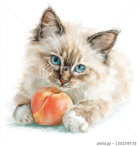 桃で遊ぶ子猫のラグドールのイラスト 桃で遊ぶ子猫のラグドールのイラスト 138259738