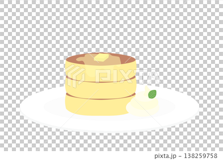 Three-tiered pancakes served with whipped cream and butter 138259758