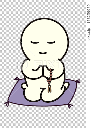 A simple figure who sits, closes his eyes, holds his prayer beads, puts his hands together, and prays. 138259989
