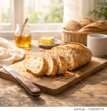食事 焼きたてパンとバターの朝食シーン 138260515