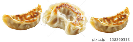 Pan-fried or steamed dumplings Jiaoz with golden crispy bottoms, isolated on white background, concept of Asian cuisine 138260558