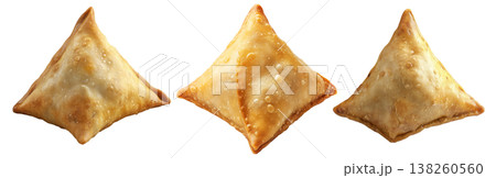 Golden brown crispy samosas isolated on white transparent background, traditional Indian snack concept Golden brown crispy samosas isolated on white transparent background, traditional Indian snack concept 138260560