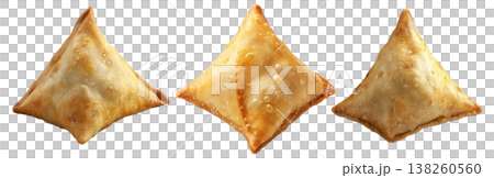 Golden brown crispy samosas isolated on white transparent background, traditional Indian snack concept Golden brown crispy samosas isolated on white transparent background, traditional Indian snack concept 138260560