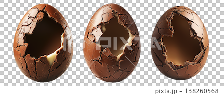 Set of Cracked Easter chocolate egg with hollow center, isolated on white transparent background. Festive holiday candy concept 138260568