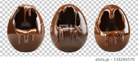 Set of Cracked Easter chocolate egg with hollow center, isolated on white transparent background. Festive holiday candy concept Set of Cracked Easter chocolate egg with hollow center, isolated on white transparent background. Festive holiday candy concept 138260570
