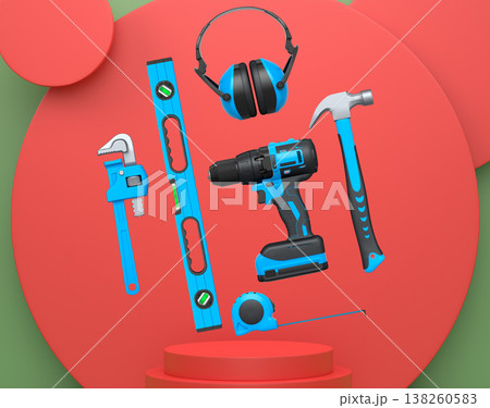 Construction tools and safety equipment floating over podium on abstract background, industrial work and protection concept 138260583
