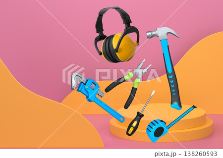 Construction tools and safety equipment floating over podium on abstract background, industrial work and protection concept Construction tools and safety equipment floating over podium on abstract background, industrial work and protection concept 138260593